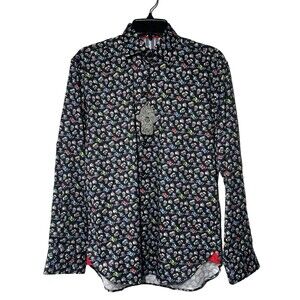 NWT Visconti Black Mens S Button Down Black Skull Print Cotton Stretch $125